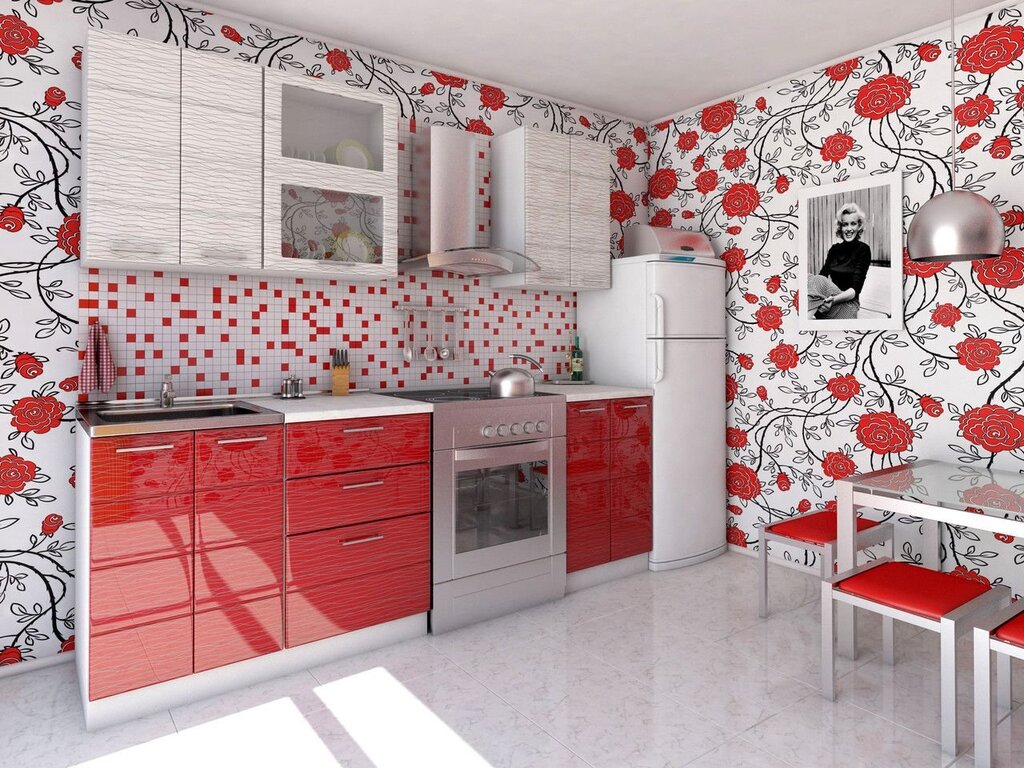 Wallpapers for a kitchen with a red set