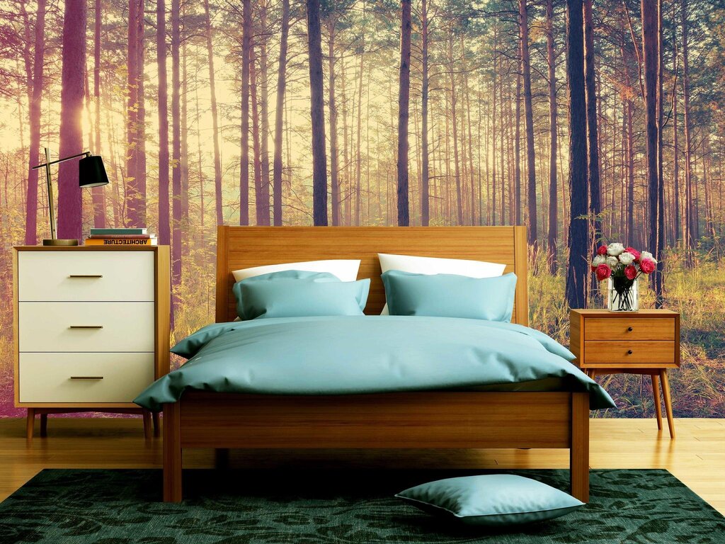 Forest wallpaper in the bedroom