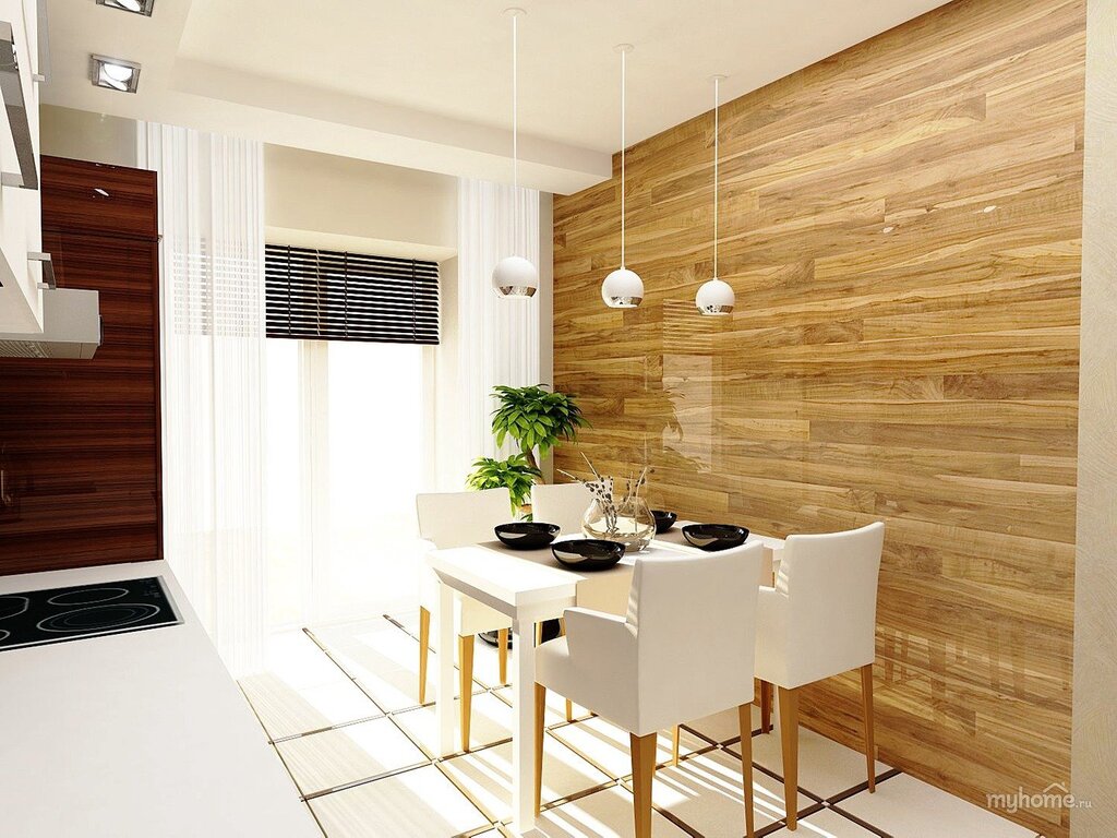 Wood-patterned wallpaper in the kitchen