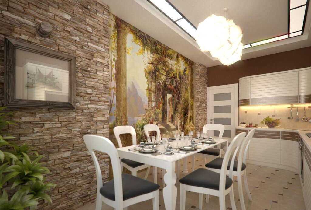 Stone-patterned wallpaper in the kitchen