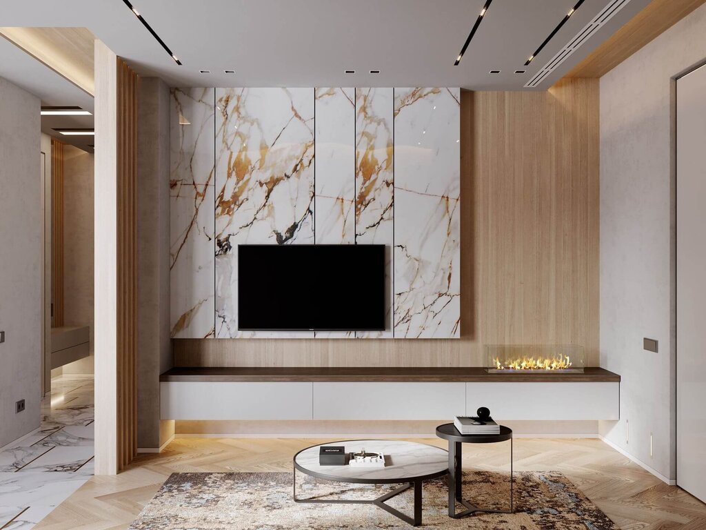 Marble wallpaper in the living room interior