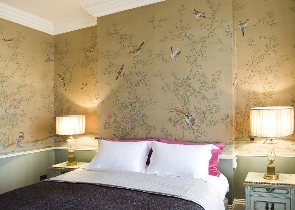 Wallpaper with birds in the bedroom interior