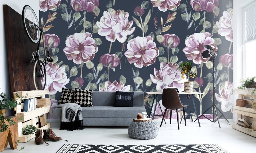 Wallpaper with flowers in the living room interior 28 фото