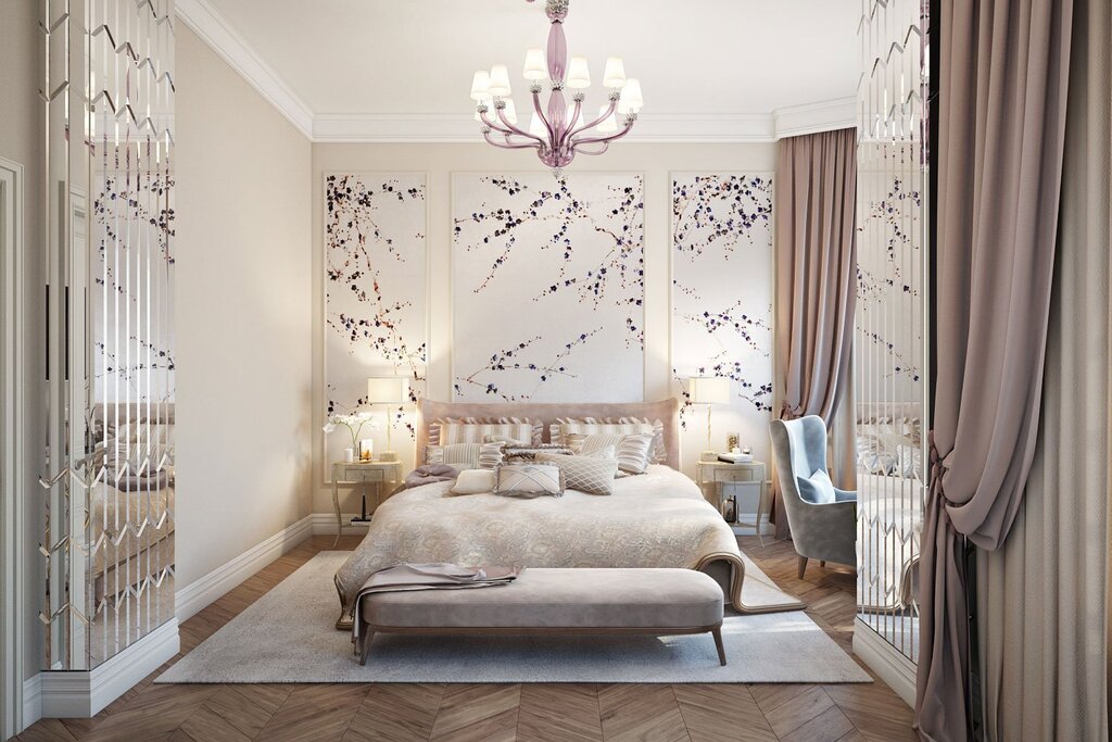 Wallpaper with flowers in the bedroom interior