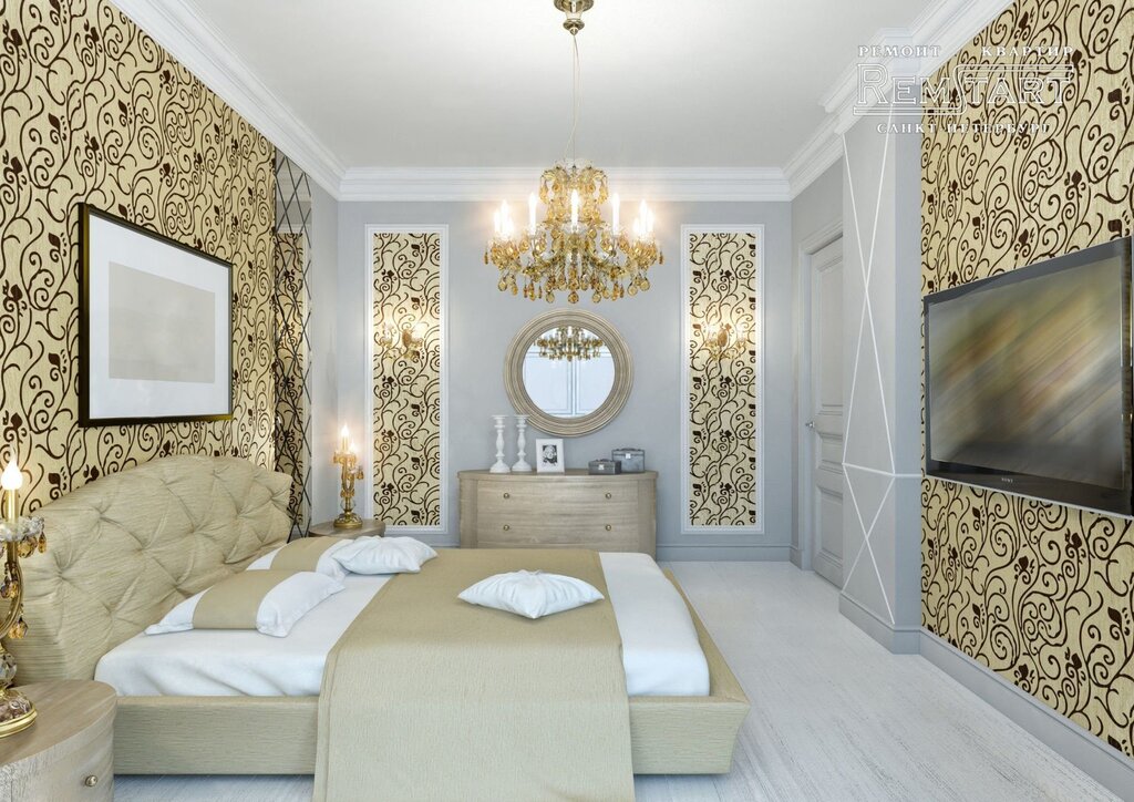 Wallpaper with monograms in the bedroom interior