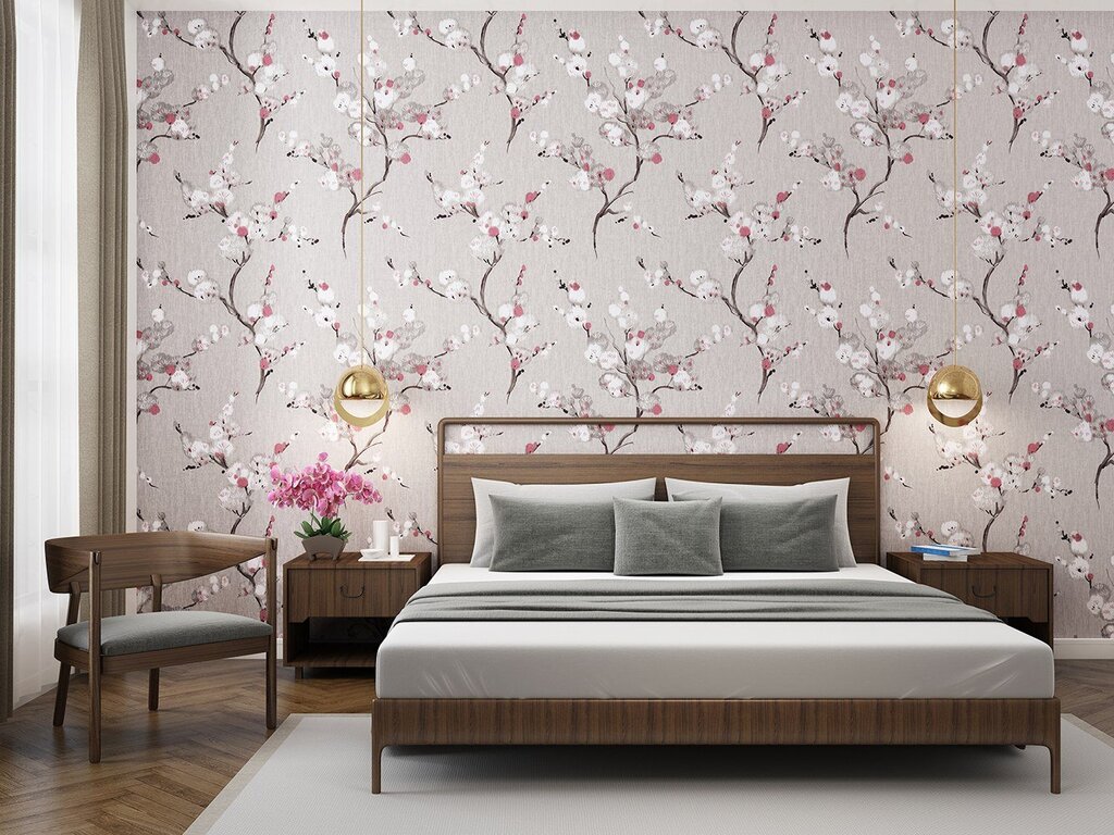 Sakura wallpaper in the bedroom