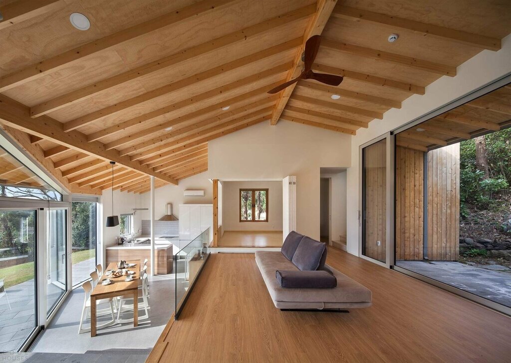 A one-story house with an open ceiling