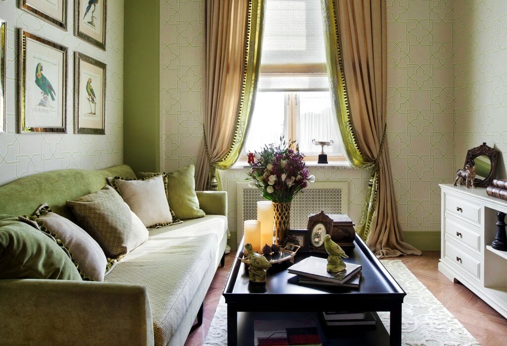 Olive curtains in the interior