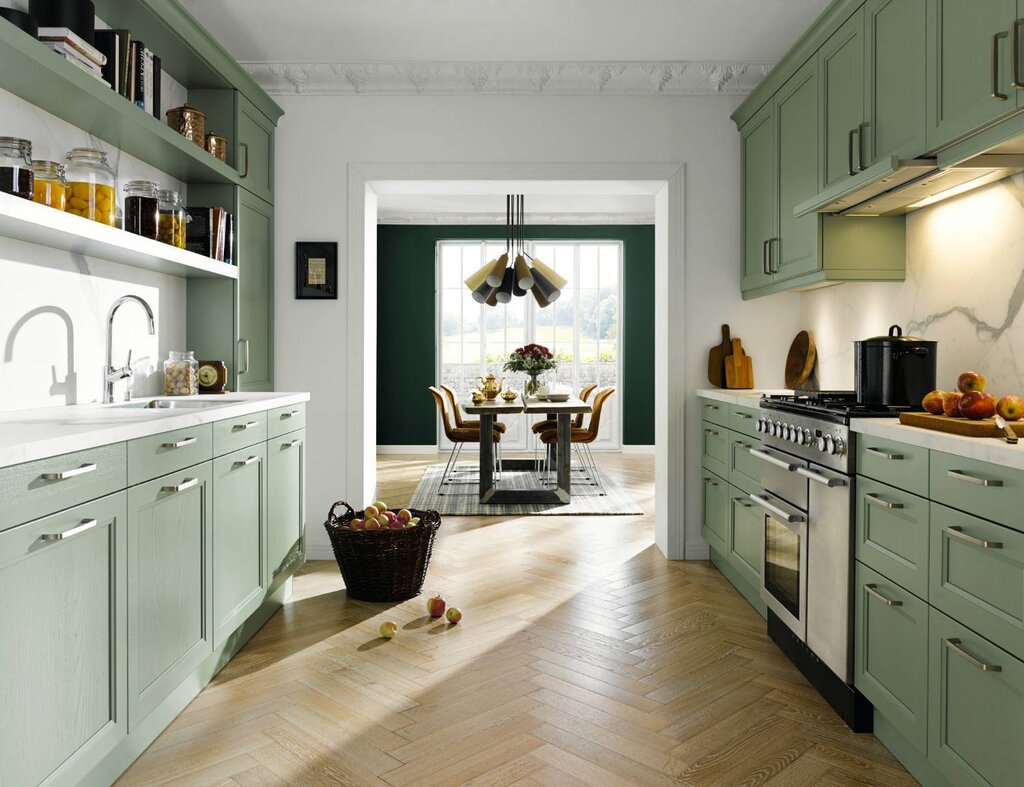 Olive walls in the kitchen interior