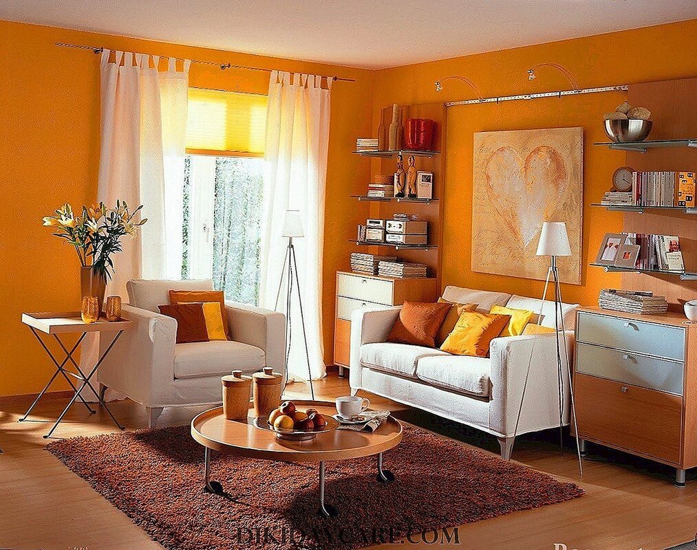 Orange curtains in the living room interior