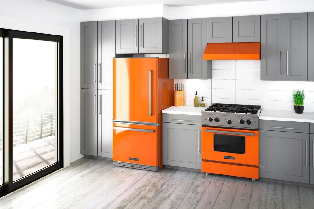 An orange refrigerator in the interior