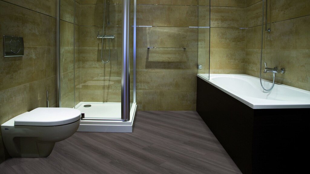 Bathroom finishing with quartz vinyl tiles