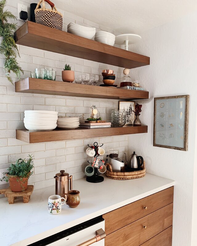 Open shelves in kitchen interior