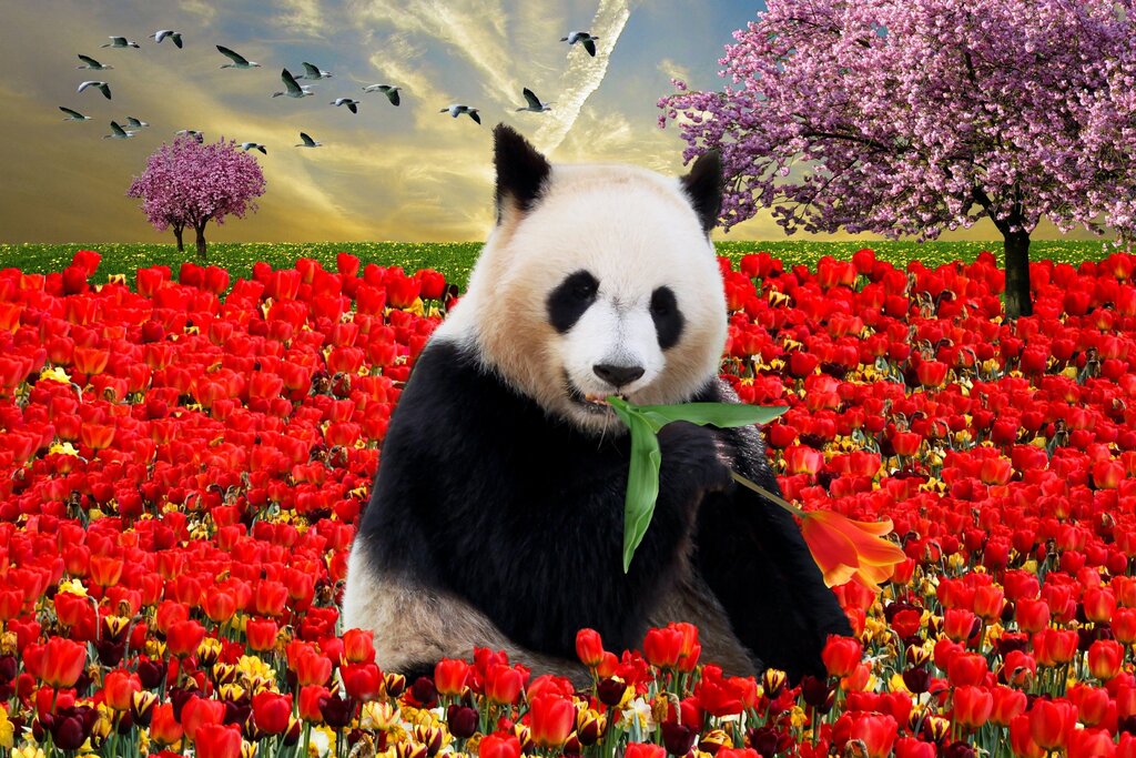 Panda with flowers pictures