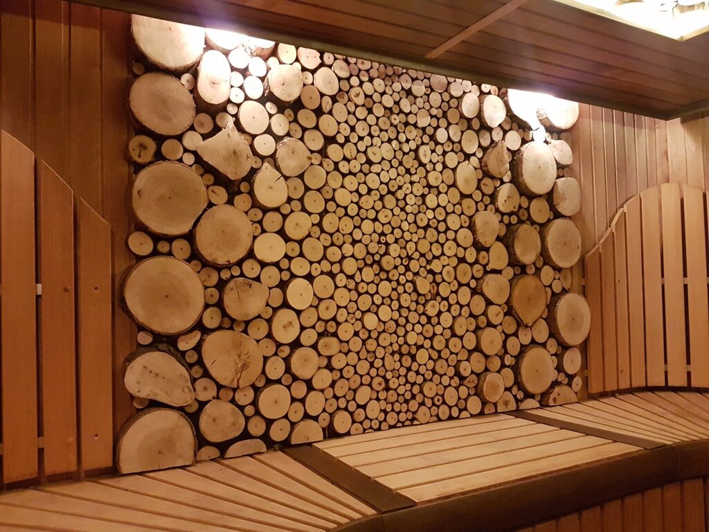 A panel for a sauna made of wood slices