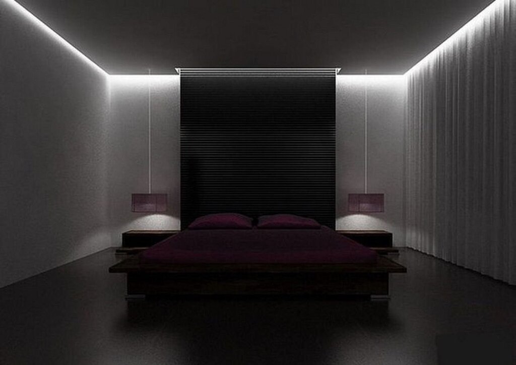 A floating ceiling with lighting in the bedroom