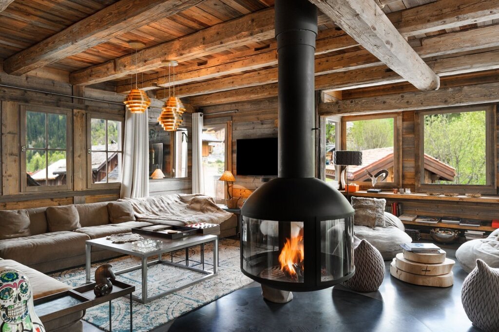 Fireplace stove in a wooden house