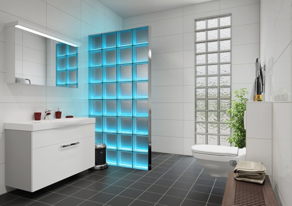 A shower partition made of glass blocks