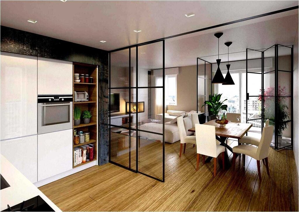 A partition for zoning the kitchen in a studio