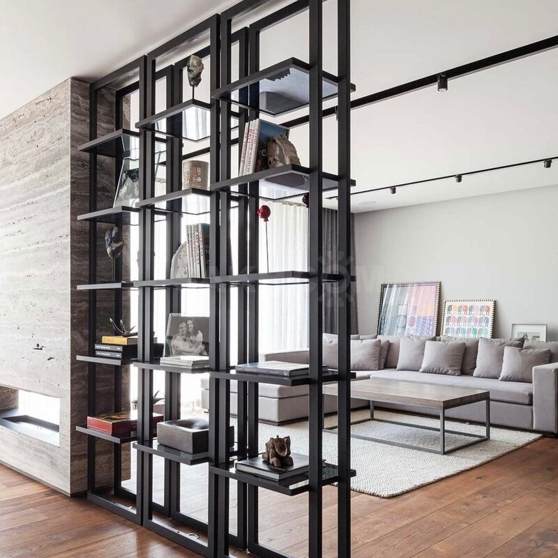 A partition made of a shelving unit