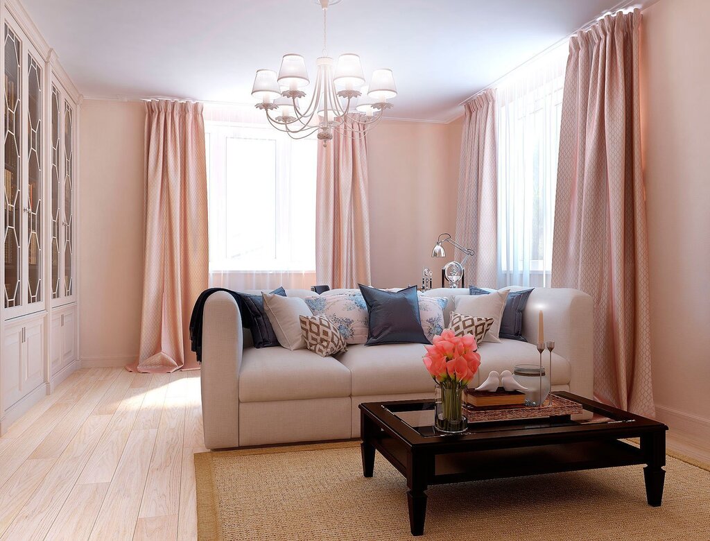 Peach curtains in the interior