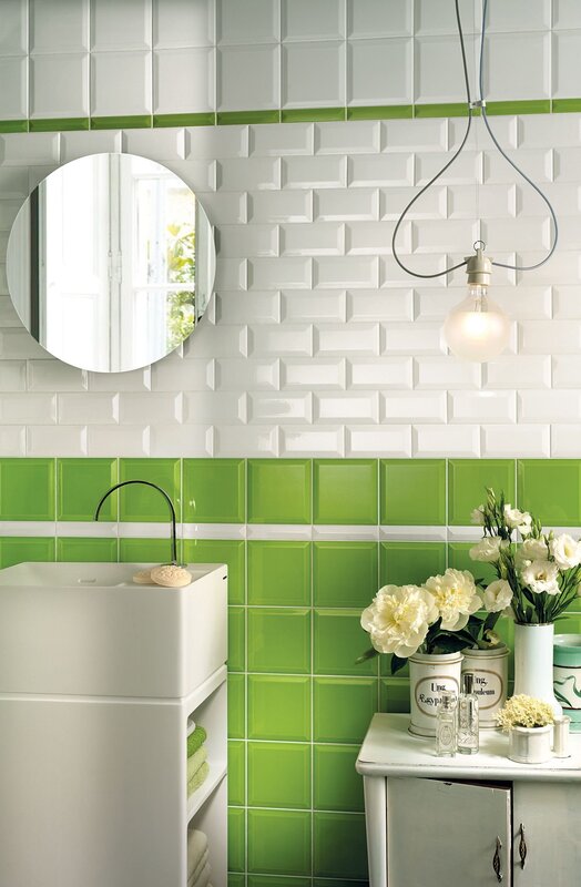 Green subway tile in the bathroom