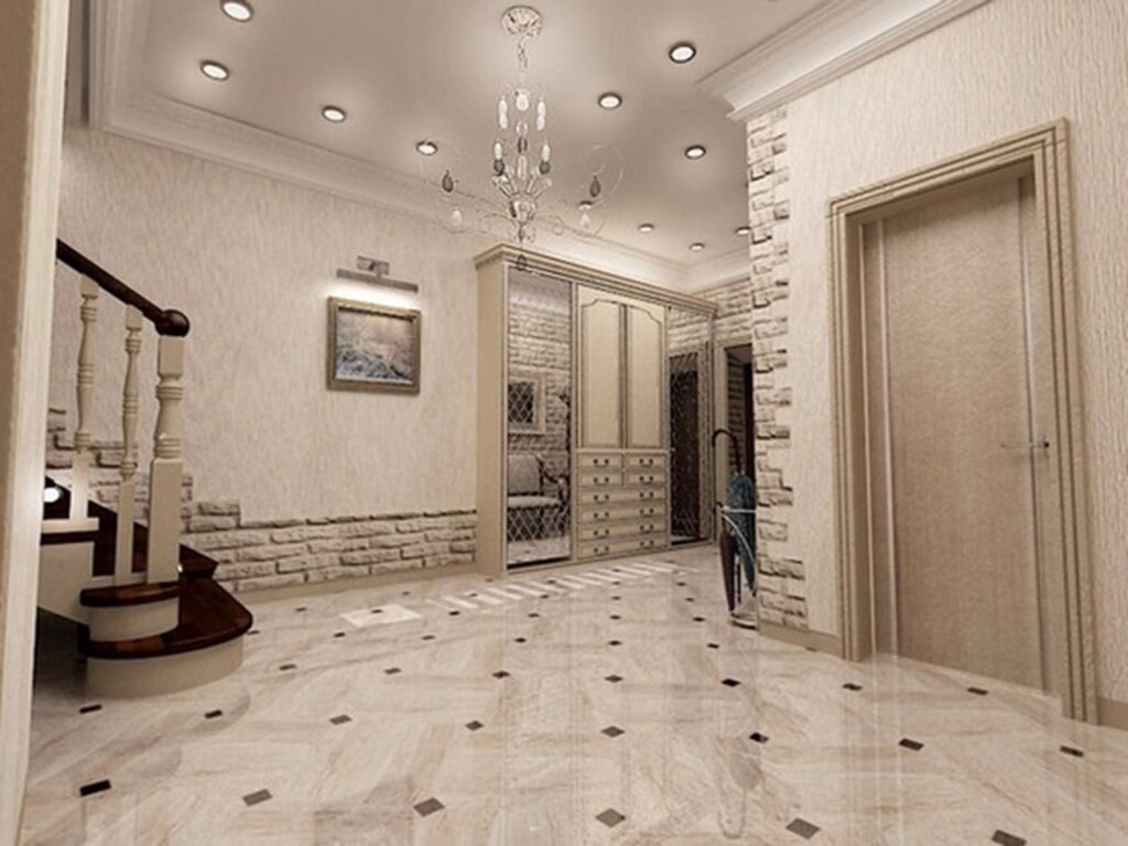 Marble-look tile in the hallway