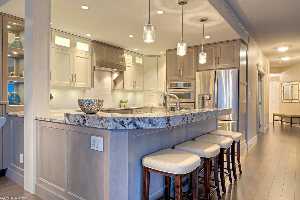 Pendant lights above the bar counter