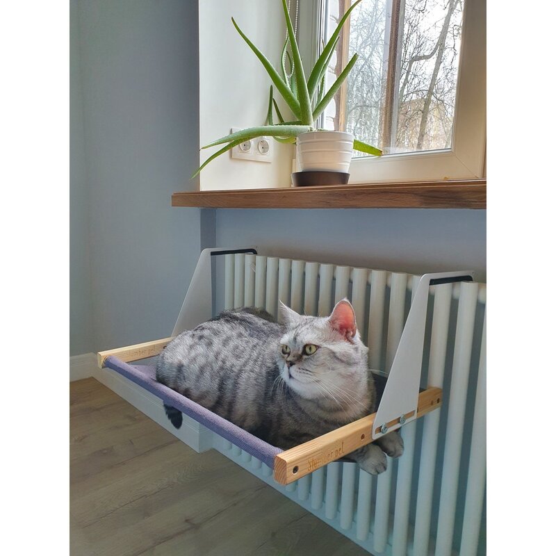 A shelf on the radiator for a cat