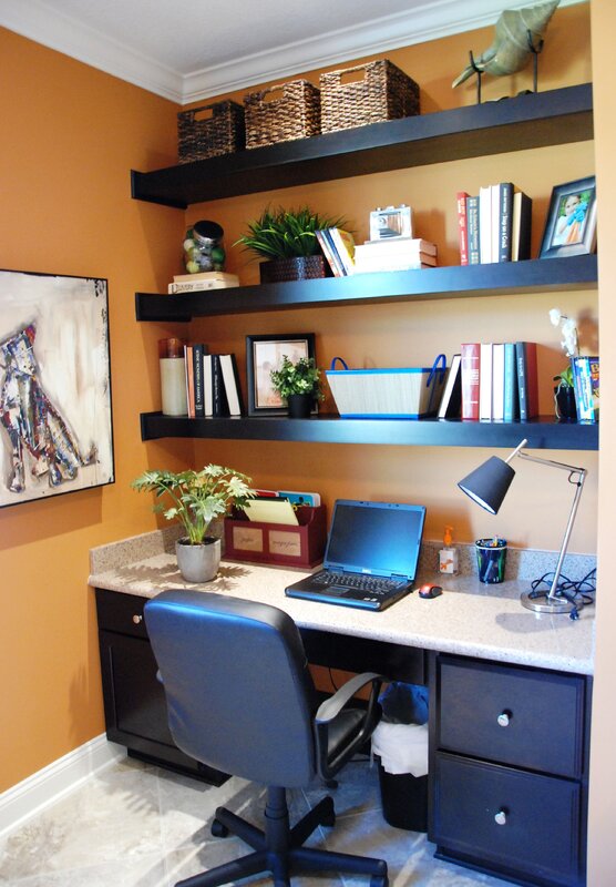 Shelves above the computer desk