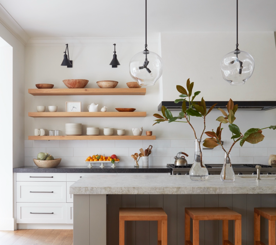 Shelves above the kitchen set