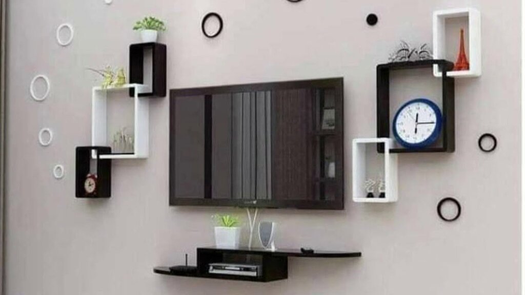 Shelves around the TV on the wall