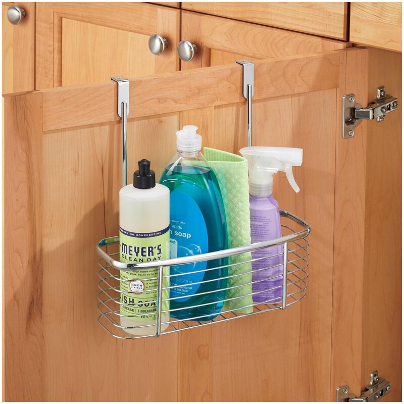 A shelf in the kitchen for cleaning supplies