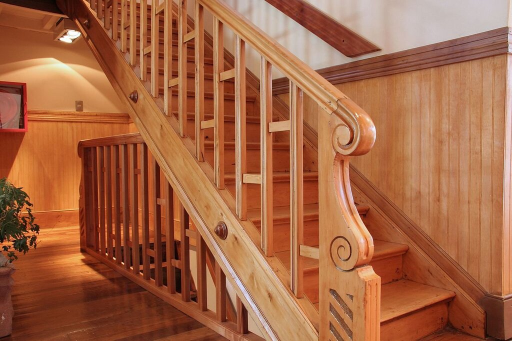 The handrails in the private house are wooden