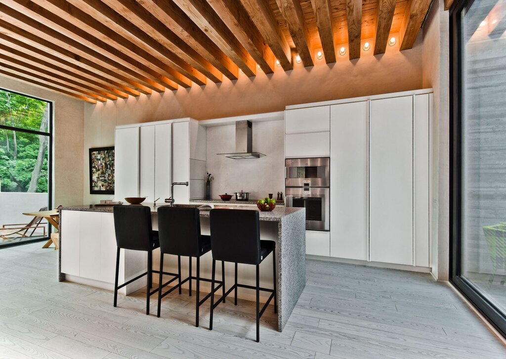 A ceiling made of wooden slats in the kitchen