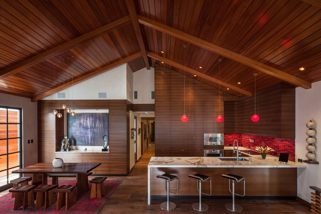 The ceiling made of laminate in a wooden house