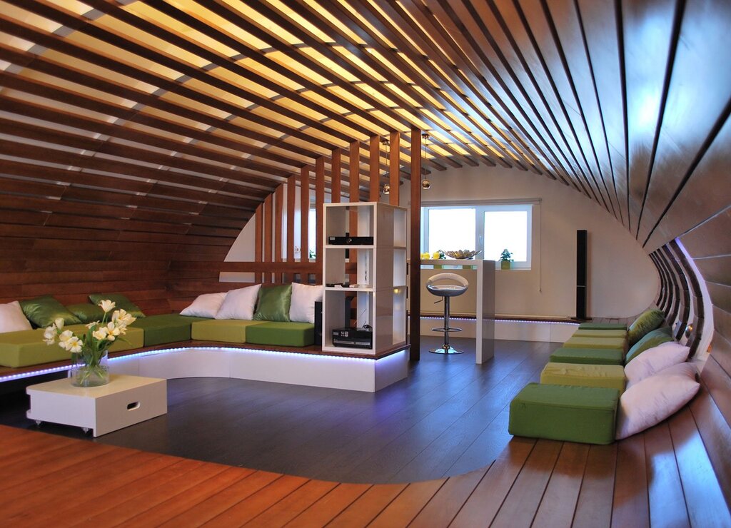 The attic ceiling in a wooden house