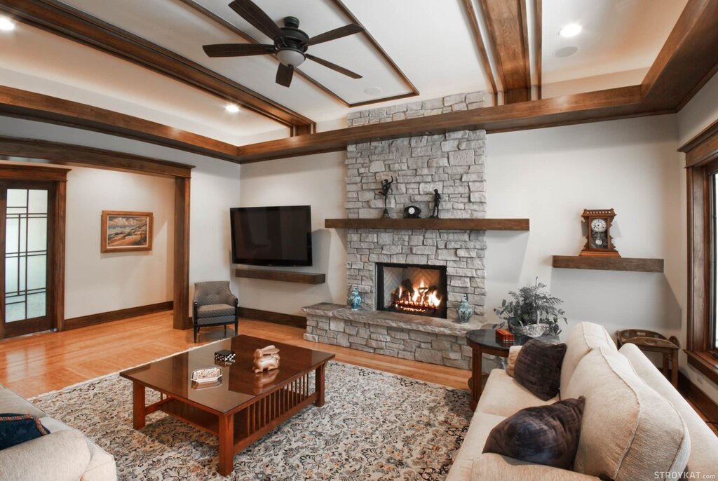 The ceiling above the fireplace