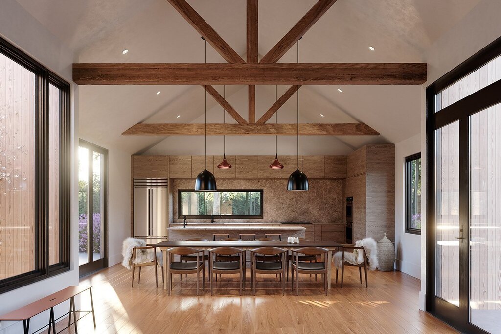 The ceiling in a wooden house with beams