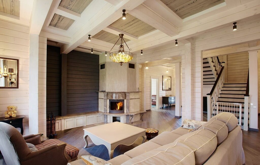 The ceiling in a house made of glued laminated timber