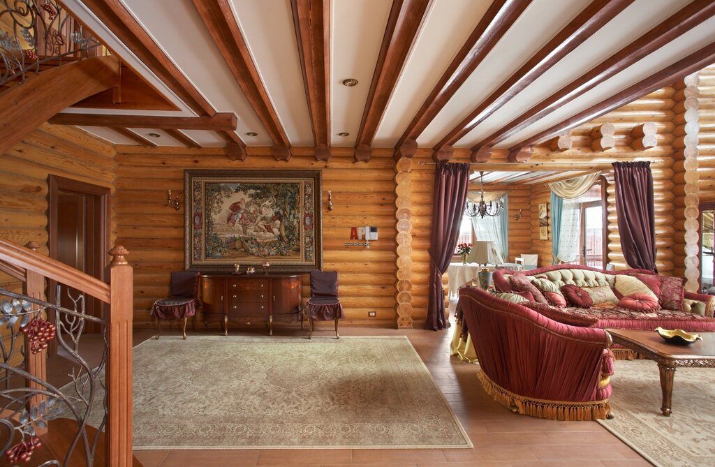 The ceiling in a log cabin