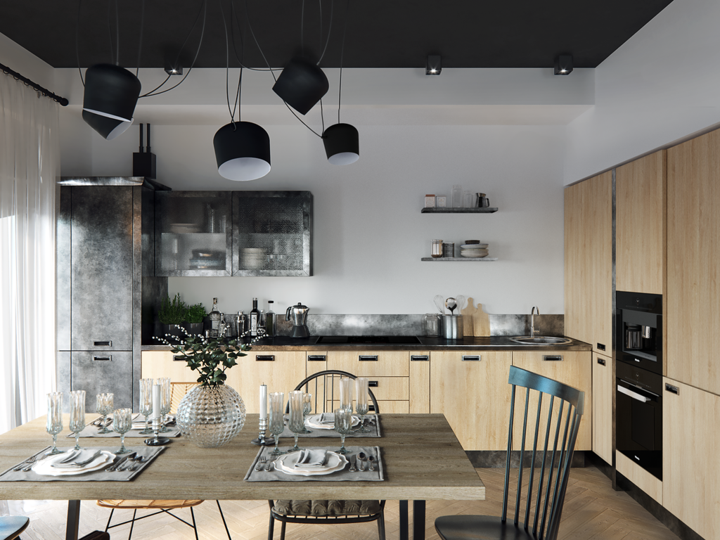 A loft-style ceiling in the kitchen