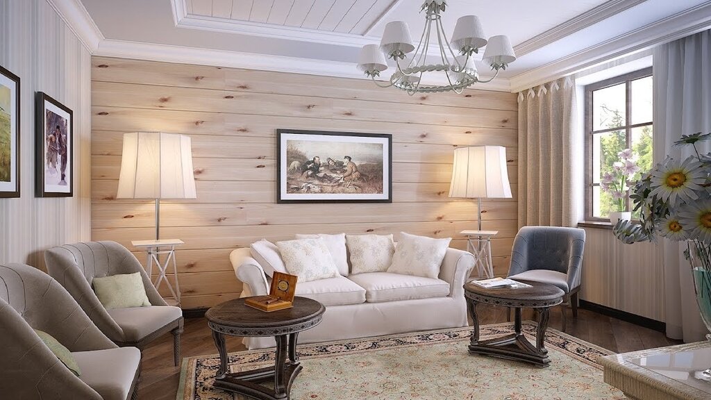 The ceiling is paneled in a wooden house