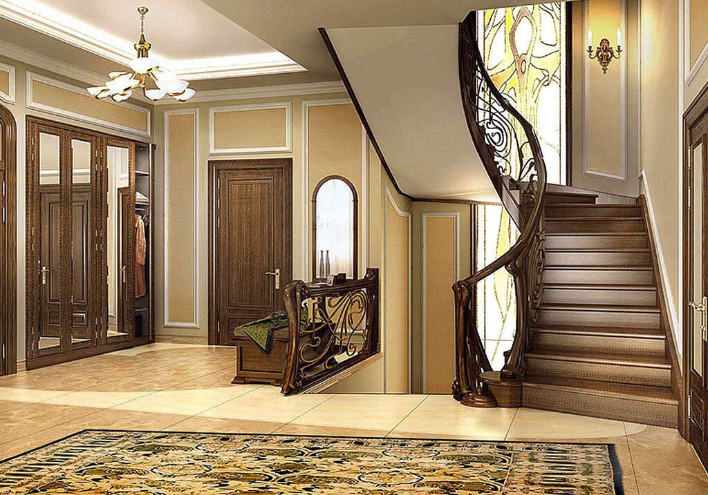 A hallway with a staircase in a private house