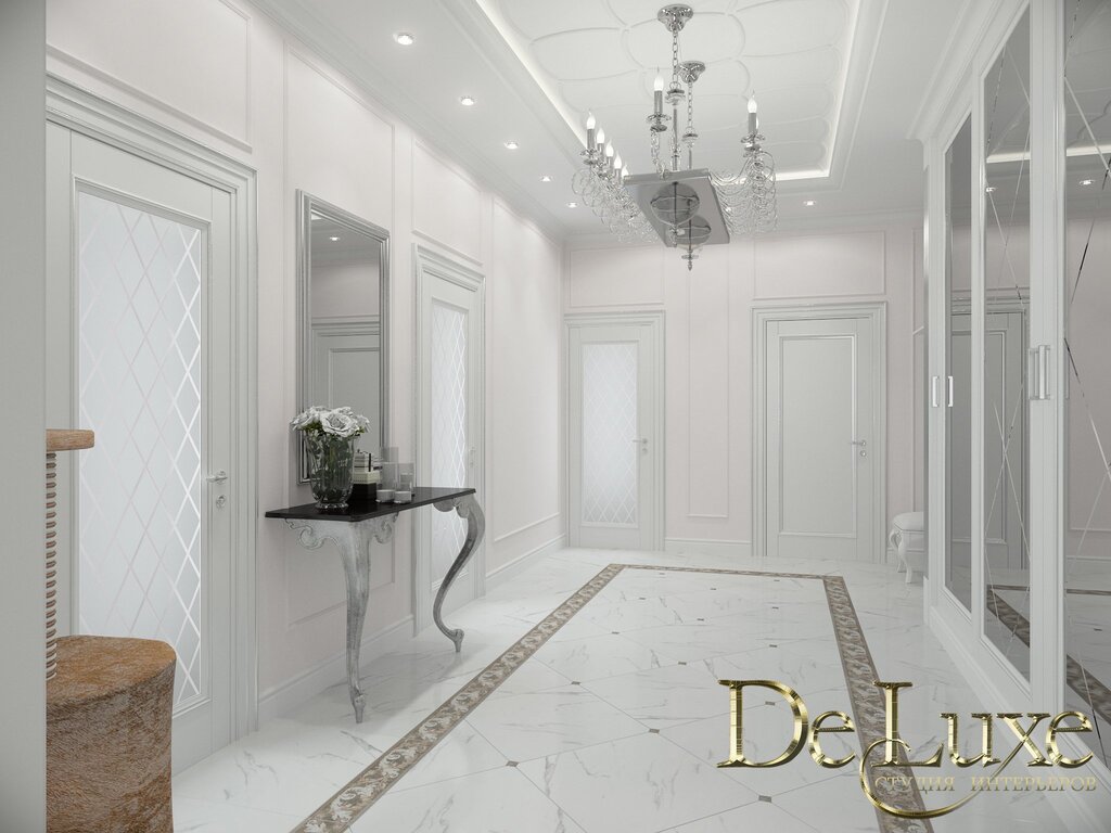 A hallway with a marble floor