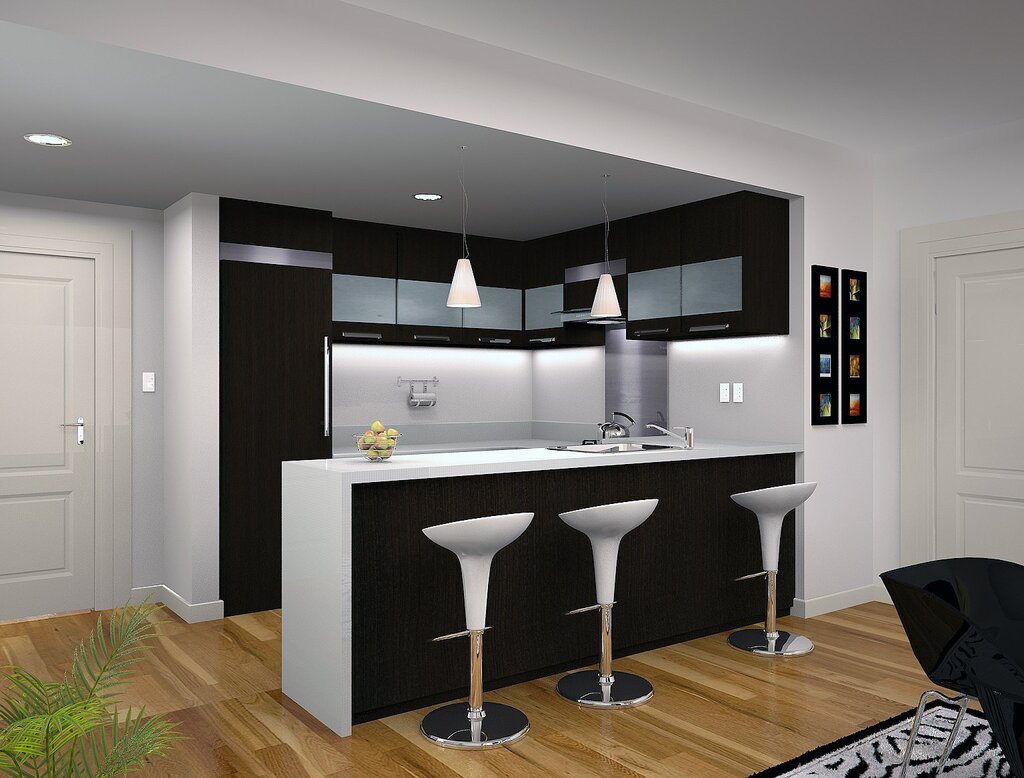 Straight kitchens with a bar counter