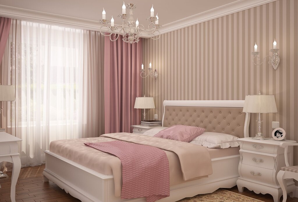 Powder-colored curtains for the bedroom