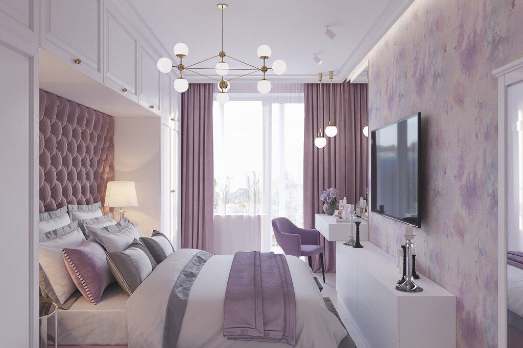 Powder color in the bedroom interior