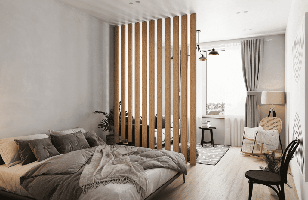 Dividing a room with wooden slats 45 фото