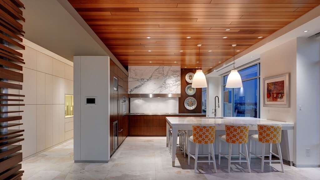 Slatted ceiling in the kitchen 34 фото